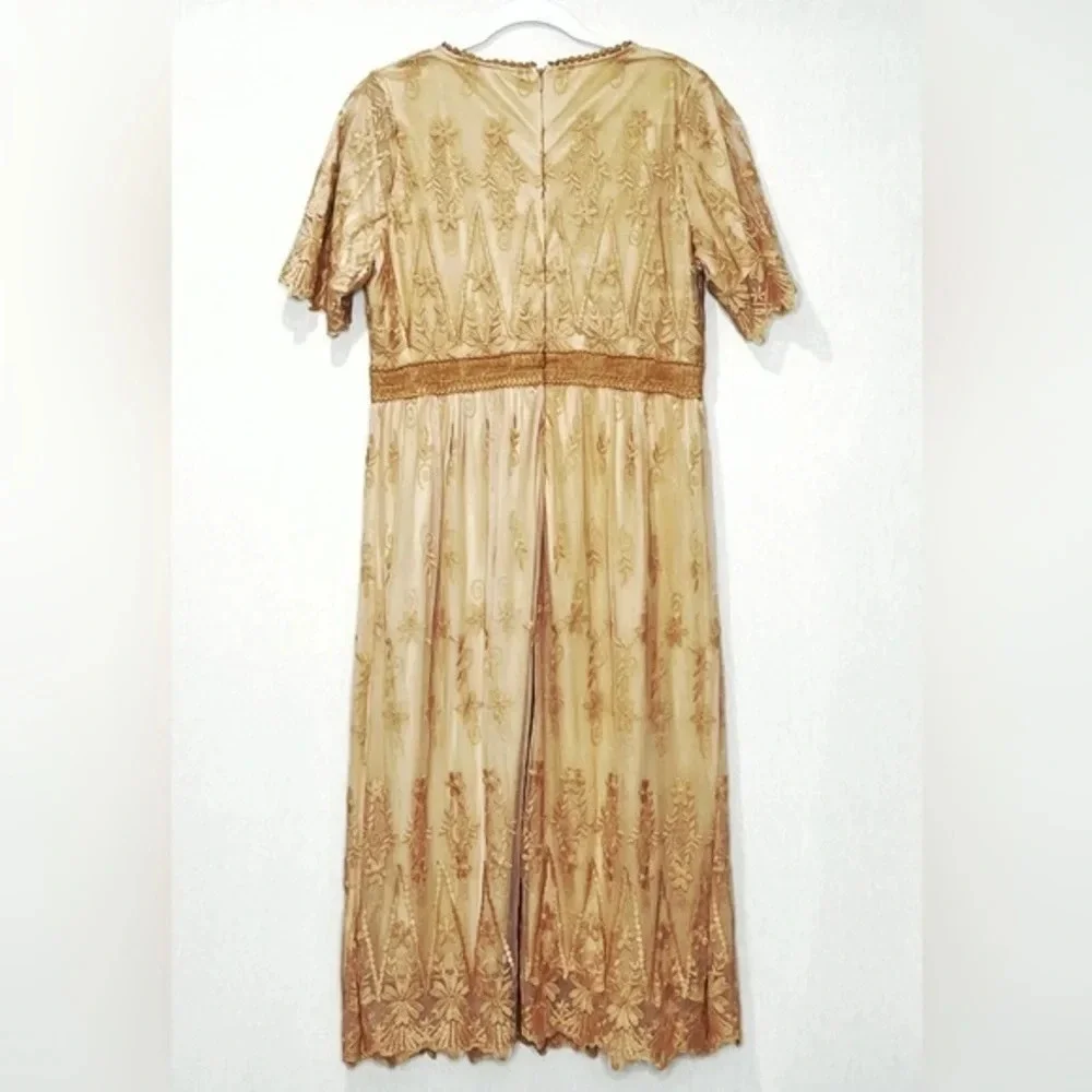 Polagram Tan Midi Lace Embroidered‎ Dress Size Large - Picture 2 of 7